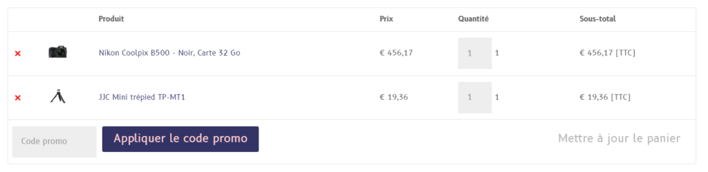 Produits du panier de commande