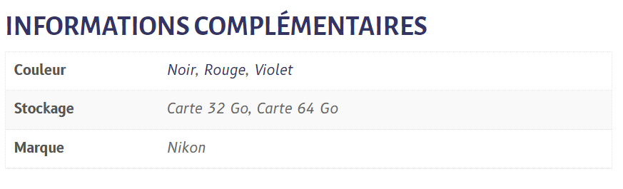 Informations complémentaires produit